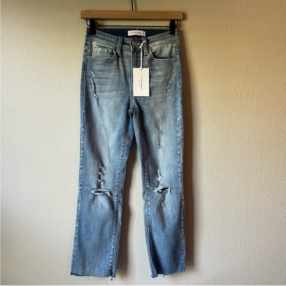 Flying Monkey Lani Blue High Rise Crop Distressed Straight Jeans Size 24